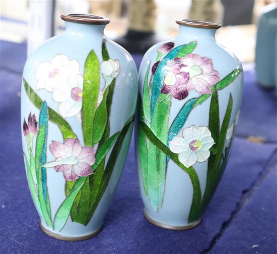 A pair of Japanese silver wire cloisonne enamel small vases, c.1900-10, each with impressed makers mark to base, height 11cm